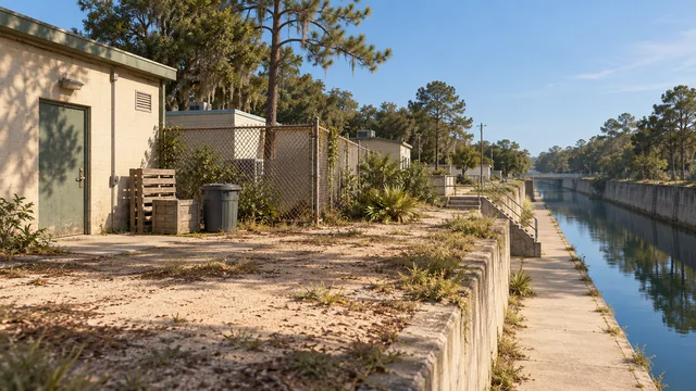 A modest stucco outbuilding and dirt path beside a quiet concrete-lined canal.