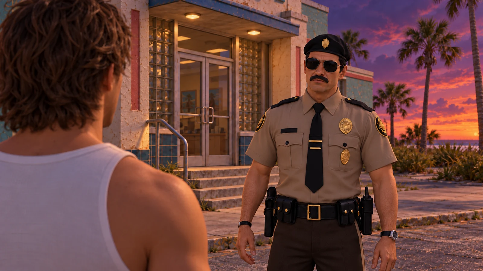A moustached officer in a khaki uniform and dark beret, outside the police station at dusk.