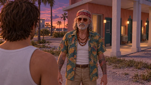 An elderly, bearded man in a floral shirt and red headband, outside a coastal building at dusk.