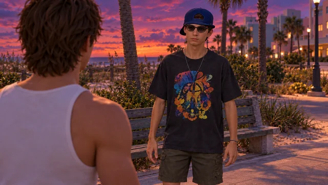 A slim young adult in a blue cap, sunglasses and a graphic tee, near a coastal park bench at dusk.