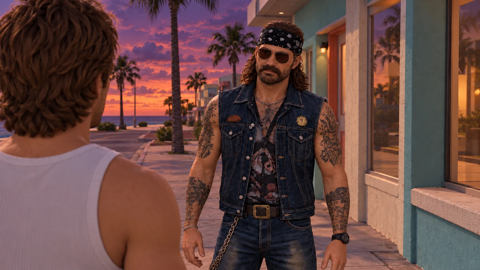 A bearded biker in an open denim vest and black bandana, outside a coastal storefront at dusk.