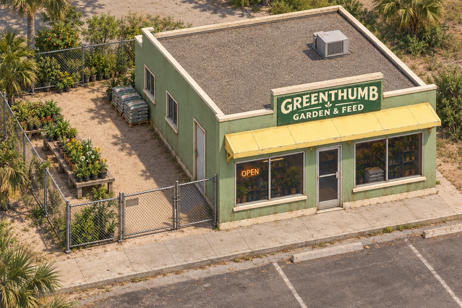 The Greenthumb Garden & Feed storefront, fenced garden and side yard in bright sunshine.