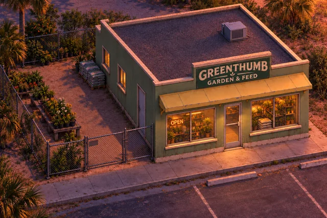 Greenthumb storefront and garden under warm evening light.