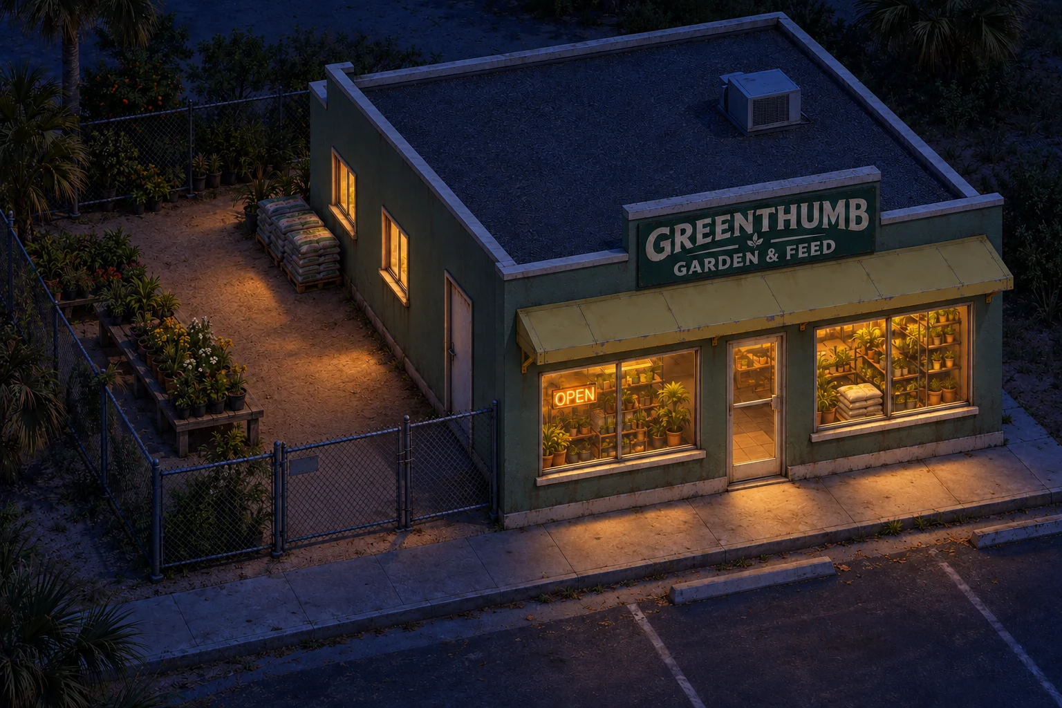 Greenthumb glows warmly against a deep-blue night scene.