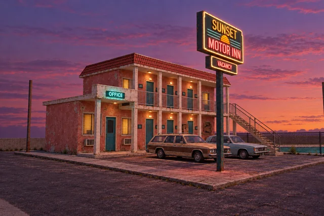 A weathered two-storey roadside motel with a glowing Sunset Motor Inn sign at dusk.