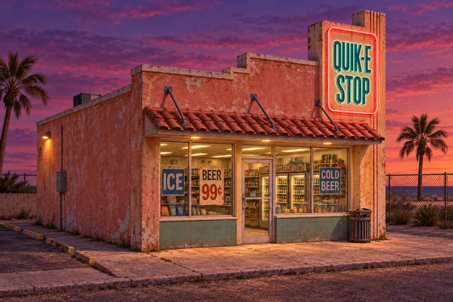 A small faded corner shop with a tall Quik-E Stop neon sign against a pink-orange dusk sky.