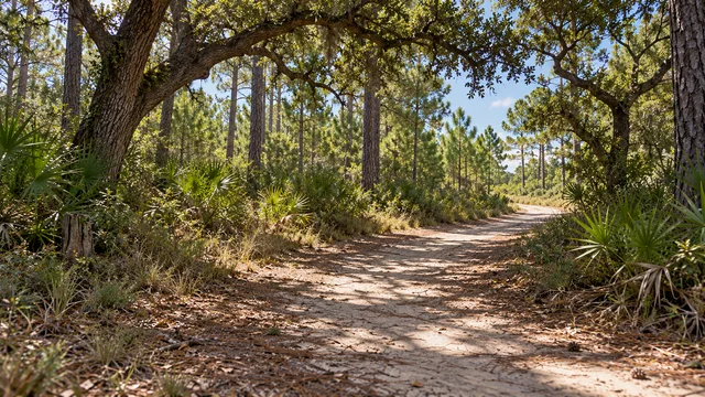 A sandy bend under Florida woodland canopy with palms, pines and sunlit undergrowth.