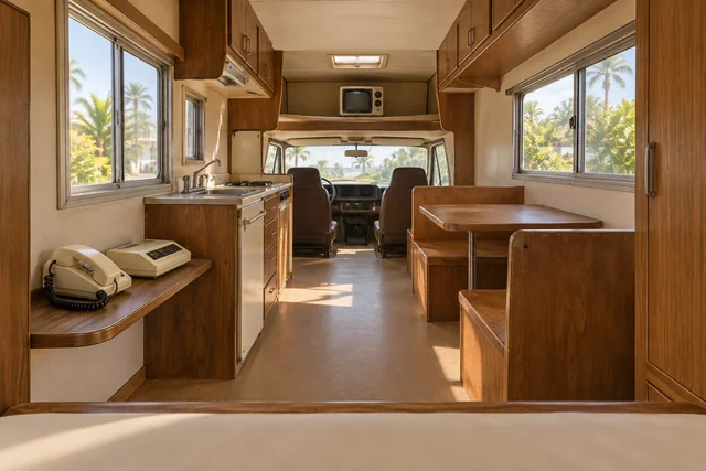 A compact warm wood-panelled RV interior with dinette, worktop, curtains and period telephone.